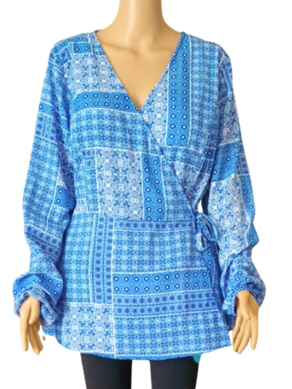 City Chic Blue Floral Wrap Top M/18 Patchwork Long Puff Sleeve